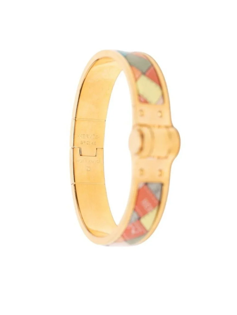 Hermes Charnier PM Bolduc AU Carre Check Bangle Bracelet Gold Multicolor Plated